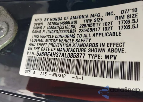 2010 Honda Cr-V Lx из США, поврежденный, VIN 5J6RE4H37AL085377